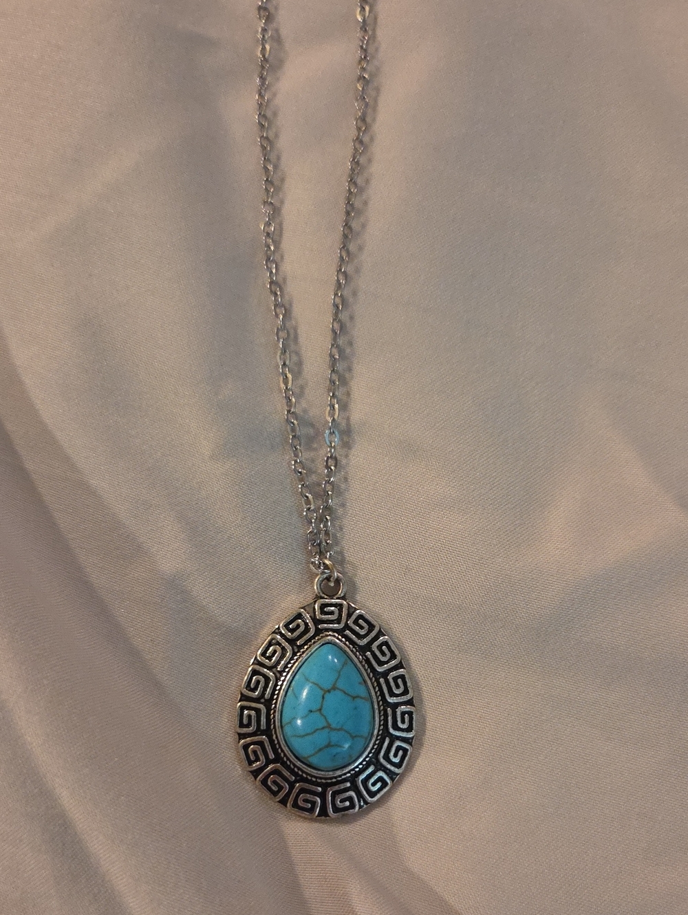 Silver-Tone Teardrop Necklace with Turquoise-Colored Stone